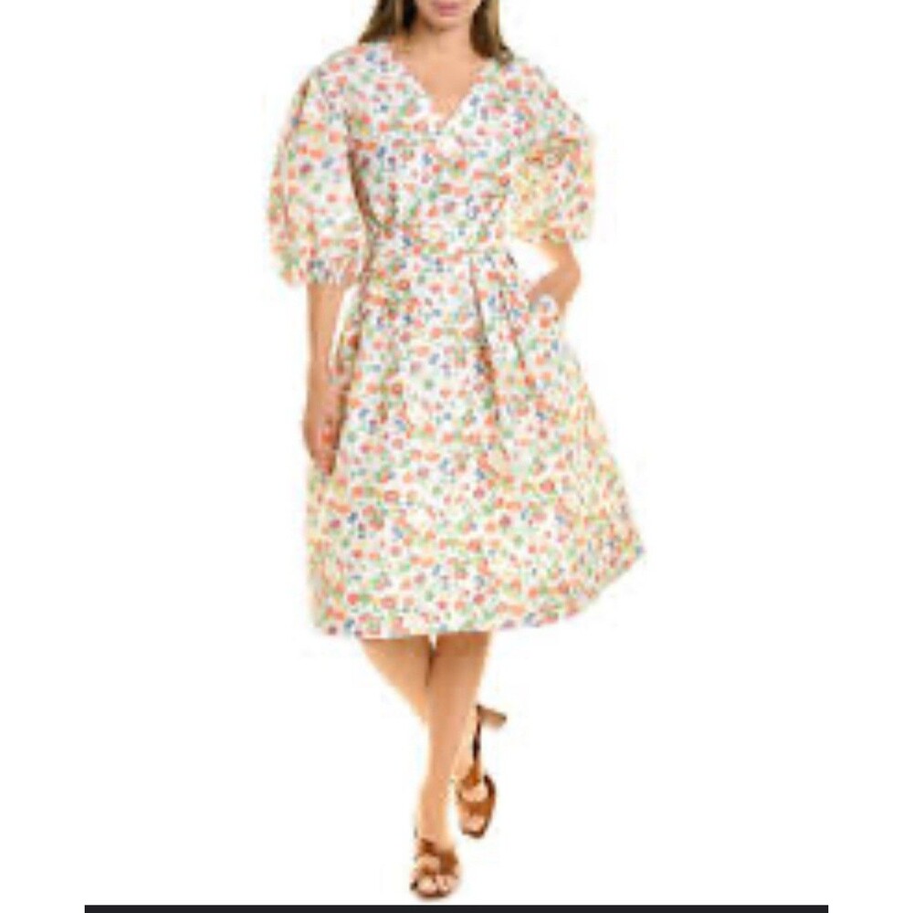 Tory Burch Taffeta‎ dress Women Size 10 Floral Puff Sleeve Midi Pockets